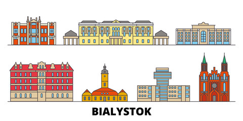 Poland, Bialystok flat landmarks vector illustration. Poland, Bialystok line city with famous travel sights, design skyline. 