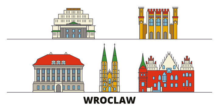 Poland, Wroclaw flat landmarks vector illustration. Poland, Wroclaw line city with famous travel sights, design skyline. 