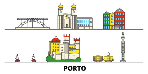 Portugal, Porto flat landmarks vector illustration. Portugal, Porto line city with famous travel sights, design skyline.  - obrazy, fototapety, plakaty