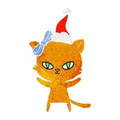 cute retro cartoon of a cat wearing santa hat