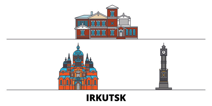 Russia, Irkutsk flat landmarks vector illustration. Russia, Irkutsk line city with famous travel sights, design skyline. 