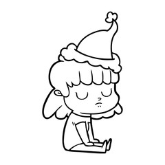 line drawing of a indifferent woman wearing santa hat