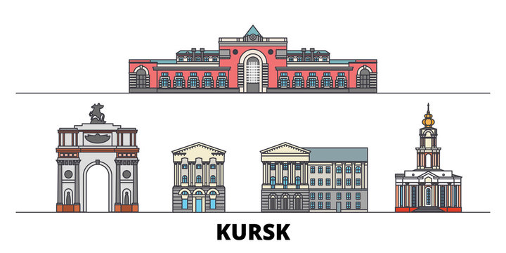 Russia, Kursk flat landmarks vector illustration. Russia, Kursk line city with famous travel sights, design skyline. 