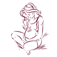 Vector hand-drawn illustration of pregnant elegant woman expecting baby, sketch. Love and fondle theme.
