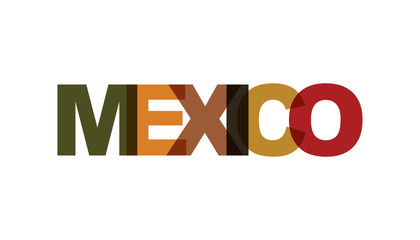 Mexico, phrase overlap color no transparency. Concept of simple text for typography poster, sticker design, apparel print, greeting card or postcard. Graphic slogan isolated on white background.