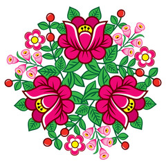 Polish folk art vector floral round decoration, Zalipie decorative pattern with roses and leaves - greeting card, wedding invitation