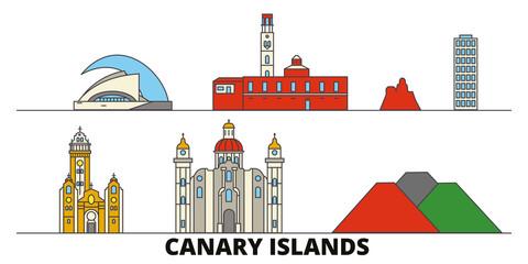 Spain, Canary Islands flat landmarks vector illustration. Spain, Canary Islands line city with famous travel sights, design skyline. 