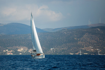 Fototapeta na wymiar Greece sailing yacht boat at the Aegean Sea. Luxury cruise yachting.