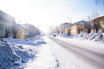 On one of the streets of the Sheregesh urban locality in Mountain Shoria, Siberia - Russia.