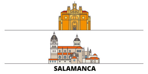Spain, Salamanca flat landmarks vector illustration. Spain, Salamanca line city with famous travel sights, design skyline.  - obrazy, fototapety, plakaty