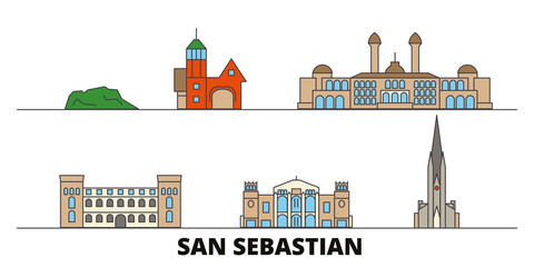 Naklejka premium Hiszpania, ilustracja wektorowa płaskie zabytki San Sebastian. Hiszpania, miasto linii San Sebastian ze słynnymi atrakcjami turystycznymi, designerską panoramą.
