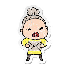 distressed sticker of a cartoon angry old woman