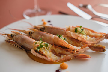 Langoustines, Nephrops norvegicus, Dublin Bay Prawn or Norway Lobsters.  Langoustine, Langostino or Scampi on plate. Seafood, shelfish. Gourmet restaurant seafood dish