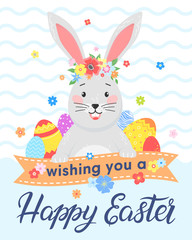 Easter typography.Happy Easter - hand drawn lettering with colorful eggs,cute funny bunny with flower wreath. Seasons greetings card perfect for prints, flyers,banners,holiday invitations and more.