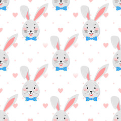 Easter seamless pattern.Cute funny bunny with dots and hearts.Easter holiday decorative background perfect for prints,flyers,banners,holiday invitations and more.