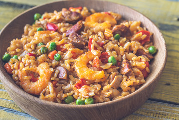 Bowl of chicken and chorizo paella