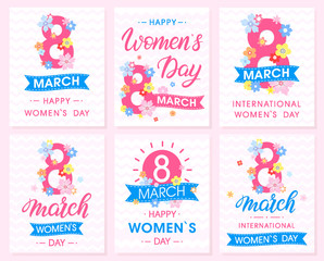 Set of Women`s Day creative cards with ribbons and different flowers .Seasons greetings cards perfect for prints,flyers,posters,holiday invitations and more.Vector 8 march cards.