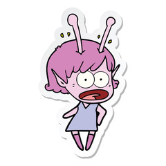 sticker of a cartoon shocked alien girl
