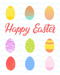 Easter typography.Happy Easter - hand drawn lettering with cute little chick,colorful eggs and flowers. Seasons greetings card perfect for prints, flyers,banners,holiday invitations and more.