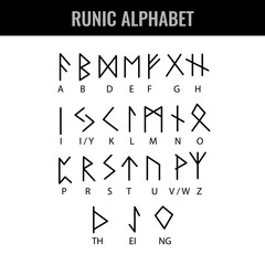 Runic Alphabet and its Latin letter interpretation. Vector illustration.
