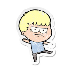 distressed sticker of a cartoon annoyed man
