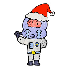 textured cartoon of a big brain alien crying wearing santa hat