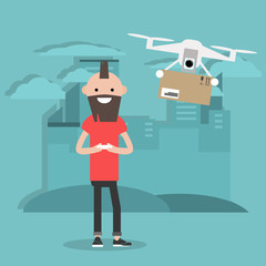 Drone delivery service. Young character controlling a drone with a remote controller.Flat cartoon designClip art