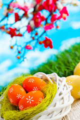 Easter eggs in the nest and wooden table on nature background