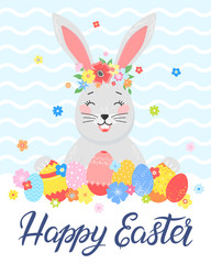 Easter typography.Happy Easter - hand drawn lettering with colorful eggs,cute funny bunny with flower wreath. Seasons greetings card perfect for prints, flyers,banners,holiday invitations and more.