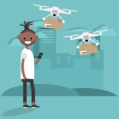 Drone delivery service. Young character using the app to receive the parcel.Flat cartoon designClip art