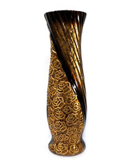  ceramic vase of brown, black, gold color on a white background