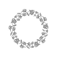 Vector in black and white of vintage floral round banner with peony flowers, buds, leaves. Romantic design for natural cosmetics, perfume, women products. For greeting card, wedding invitation.