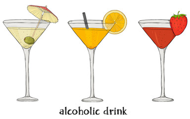 Set of three cocktails. Colorful vector illustration in sketch style.