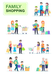 Fototapeta premium Set of people carrying shopping bags with purchases. Men and women go shopping with their children, sales in stores. Cartoon characters isolated on white background. Flat vector illustration.