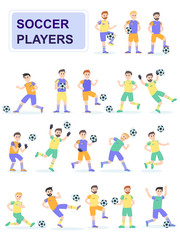 Set of soccer ball player with different pose. Men play a ball beating him and scoring goals. Cartoon characters isolated on white background. Flat vector illustration.