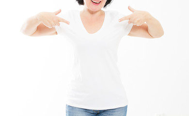 Woman In White T-shirt Pointing To Herself. Point tshirt mock up copy space - cropped image.