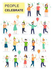 Fototapeta premium Set of young joyful laughing people jumping with raised hands. Girls and boys in holiday hats celebrate their birthday. Cartoon characters isolated on white background. Flat vector illustration.