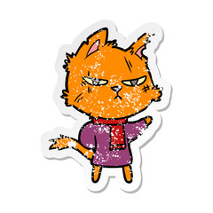 distressed sticker of a tough cartoon cat in winter scarf