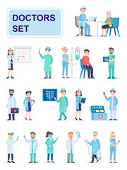 Set of hospital medical staff standing together. Male and female medicine workers doctors, paramedics, nurses. Cartoon characters isolated on white background. Flat vector illustration.