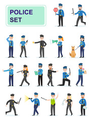 Set of police officers doing their job. Men and women policemen in different poses handcuff violators. Cartoon characters isolated on white background. Flat vector illustration.