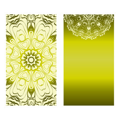 Vintage Cards With Floral Mandala Pattern. Vector Template. The Front And Rear Side. Green olive color