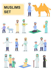 Set of muslims in national dress. Men and women muslims traditional family. Cartoon characters isolated on white background. Flat vector illustration.