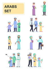 Fototapeta na wymiar Set of Arabs in national dress. Men and women Arabs traditional family. Cartoon characters isolated on white background. Flat vector illustration.
