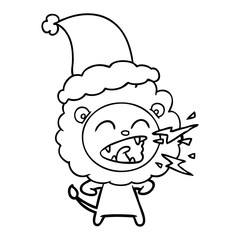 line drawing of a roaring lion wearing santa hat