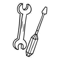 line drawing doodle of a spanner and a screwdriver