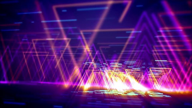 Sci-fi 3d rendering of shining orange triangles shaping long and straight tubes for flying objects in the blue cyber reality. It looks like advanced time portals for the future tourists.