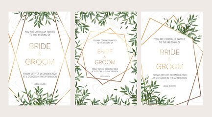 Wedding floral invitation, thank you modern card: ruscus italian wreath on white marble texture with a golden geometric pattern. Elegant rustic template. All elements are isolated and editable