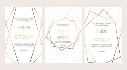 Luxury wedding invitation cards with marble texture and gold geometric pattern vector design template.Trendy wedding invitation.All elements are isolated and editable.