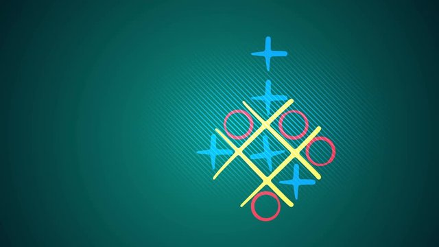 Astonishing 3d rendering of a tic tac toe game with a yellow grid, pink and celeste marks, a victorious diagonal end and a long line in the green backdrop. It looks cheerful.