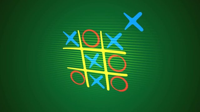 Gorgeous 3d rendering of a noughts and crosses game with a yellow network, orange and blue marks and a victorious diagonal end with a long line in the green backdrop. It`s funny.